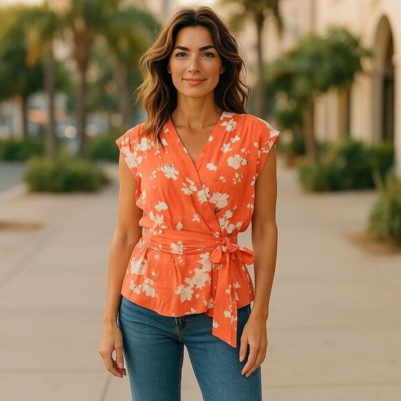 Joie Women's Ashlene Wrap Top Size L Multicolor Short Sleeve Blouse - Picture 3 of 5